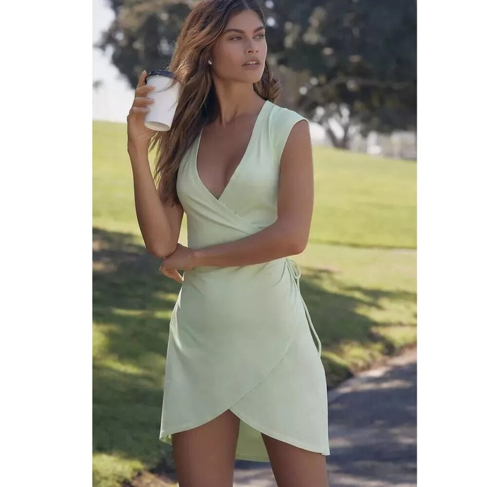 Daily Practice by Anthropologie Montauk V-Neck Mini Dress Wrap Lime XS